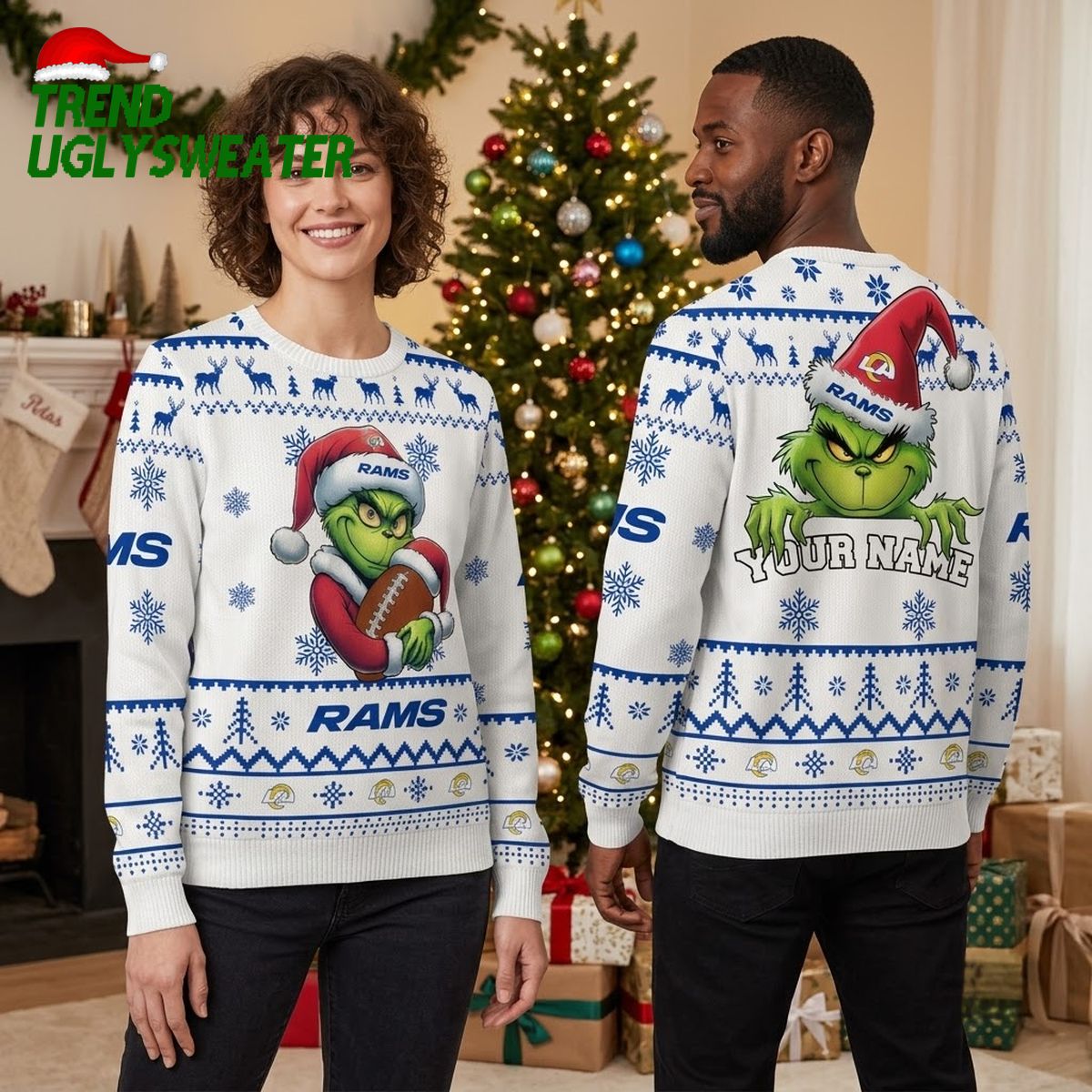 Los Angeles Rams Grinch Santa Hats Ugly Christmas Sweater