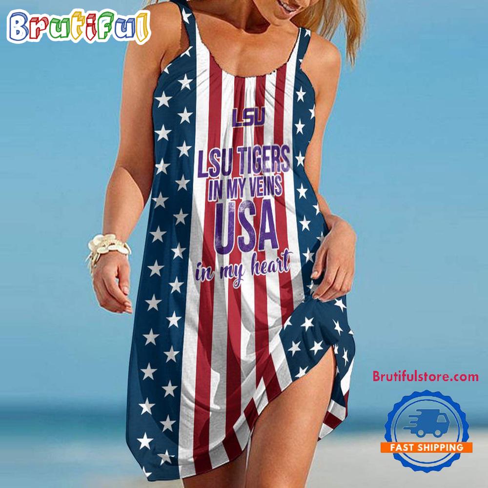 LSU Tigers In My Veins USA In My Heart Independence Day Women’s Summer Beach Sling Dress