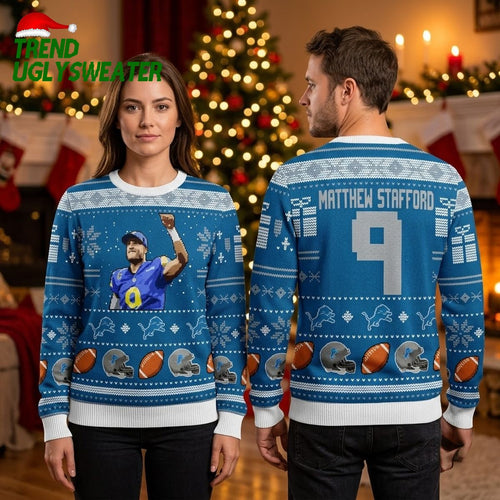 Matthew Stafford 9 Detroit Lions Football Ugly Christmas Sweater