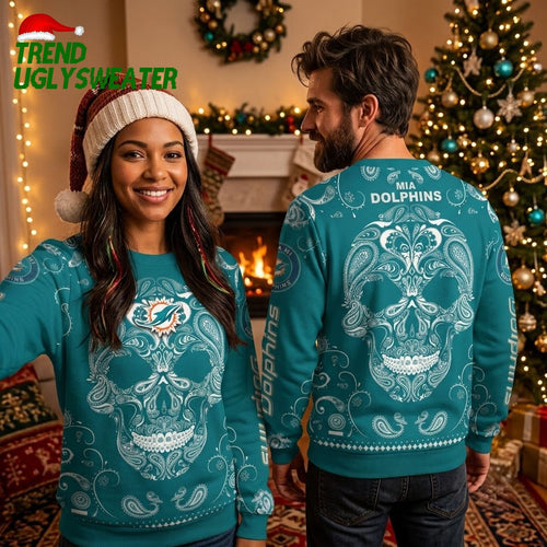 Miami Dolphins Bandana Skull Pattern Ugly Christmas Sweater
