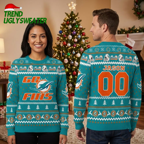 Miami Dolphins Custom Name And Number Ugly Christmas Sweater