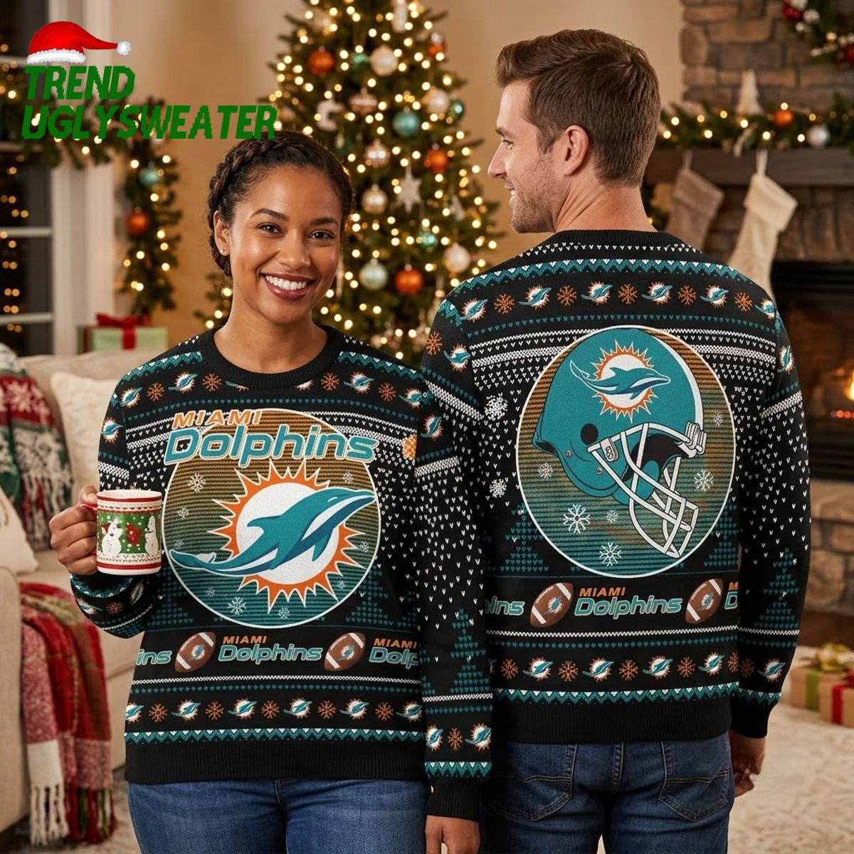 Miami Dolphins Football Helmet Ugly Christmas Sweater