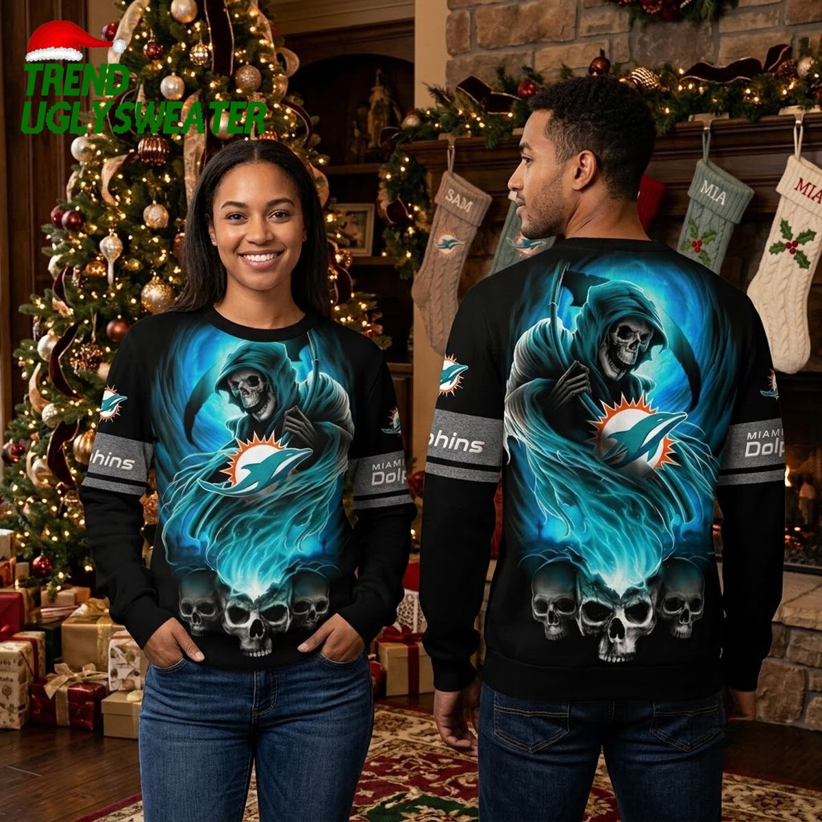 Miami Dolphins Grim Reaper And Skull Ugly Christmas Sweater