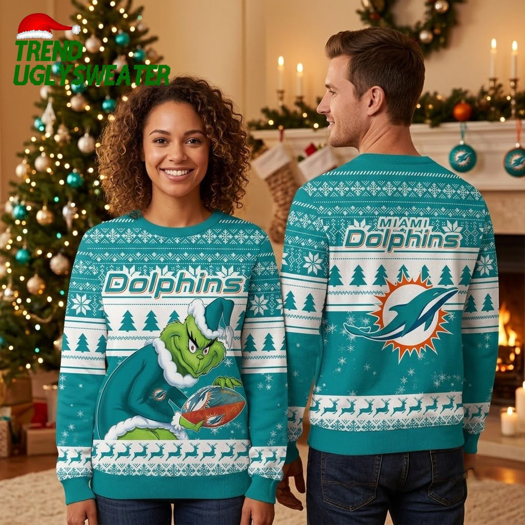 Miami Dolphins Grinch Christmas Ugly Christmas Sweater Design