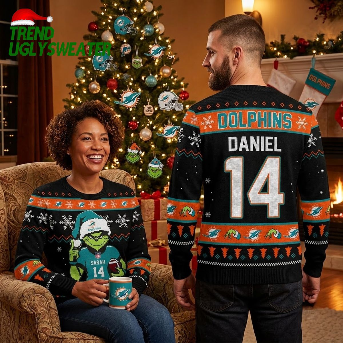 Miami Dolphins Grinch Holding Football Custom Name Ugly Christmas Sweater