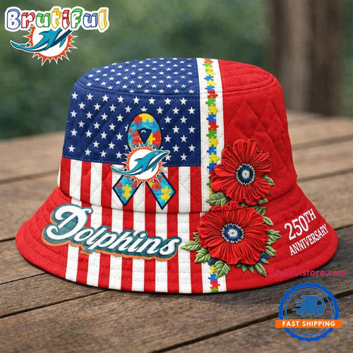 Miami Dolphins NFL Autism America 250th Anniversary Bucket Hat