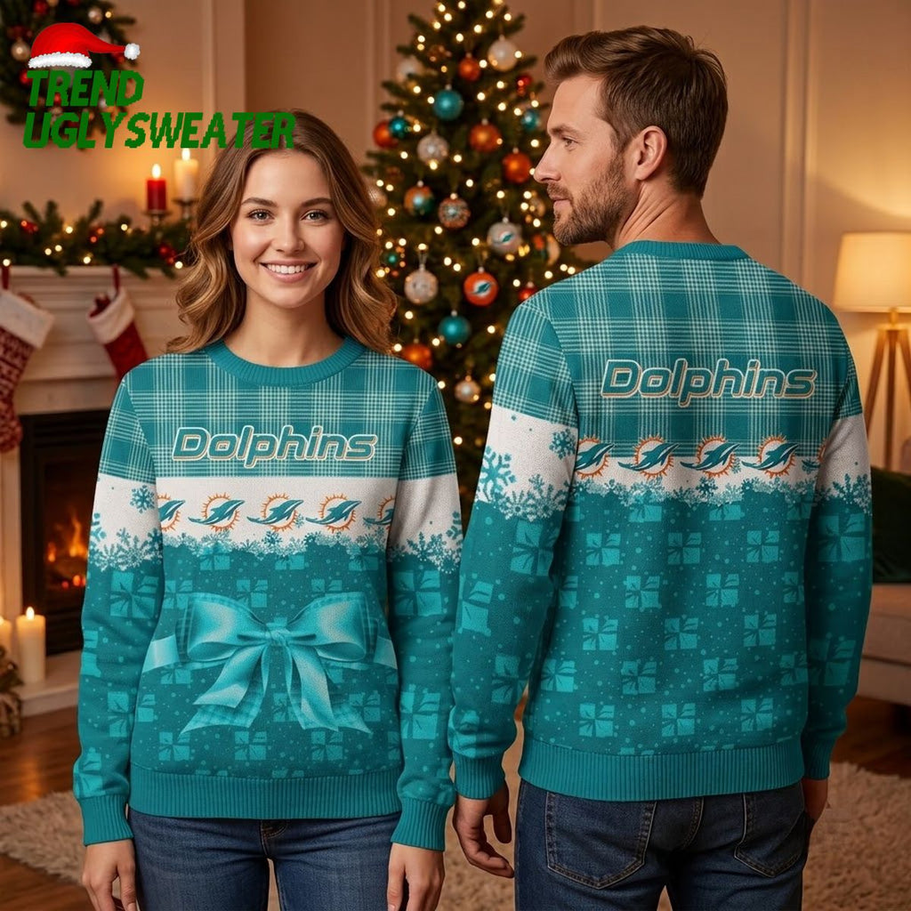 Miami Dolphins Plaid Bow Ugly Christmas Sweater