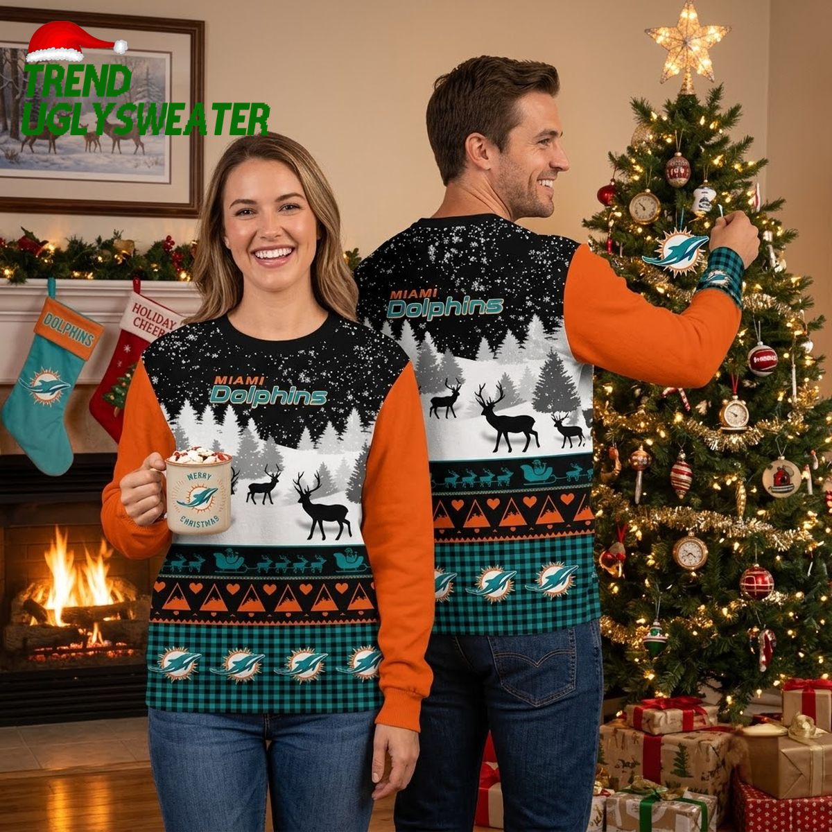 Miami Dolphins Reindeer In Winter Forest Ugly Christmas Sweater
