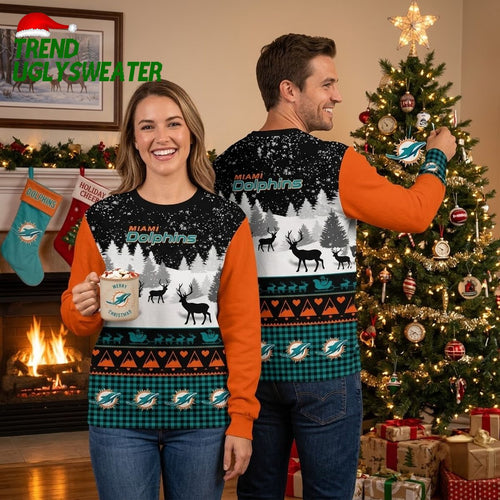Miami Dolphins Reindeer In Winter Forest Ugly Christmas Sweater