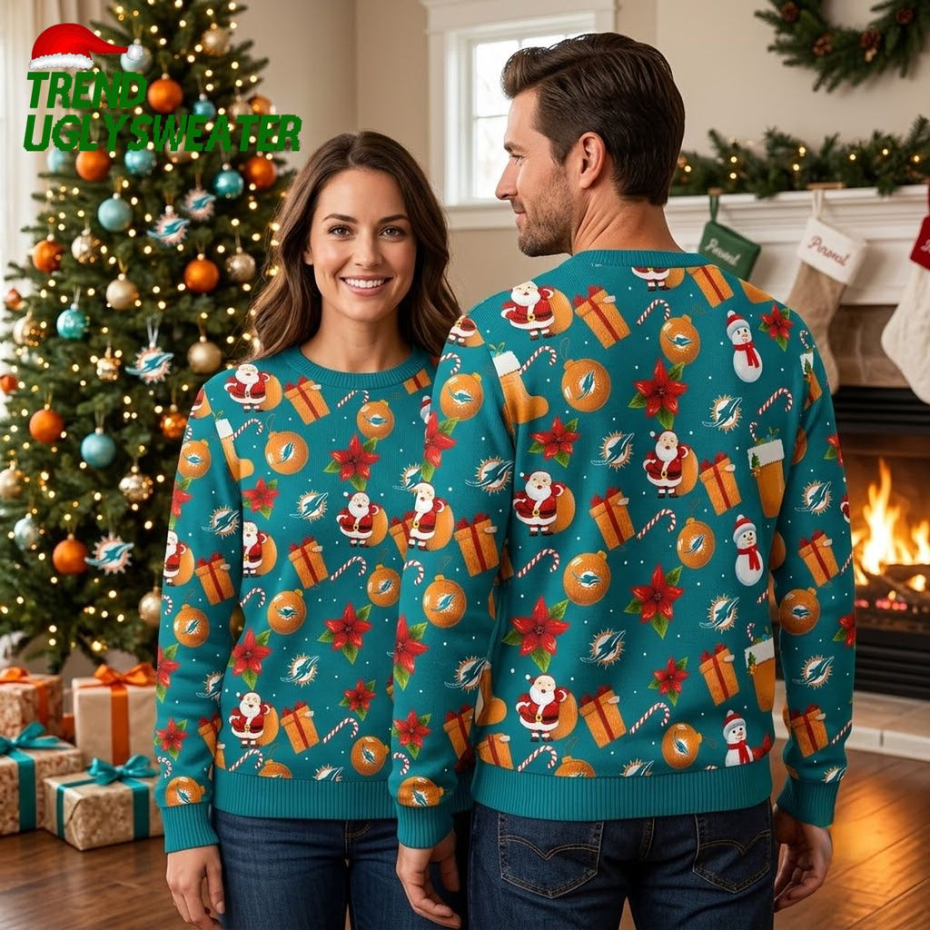 Miami Dolphins Santa Claus And Snowman Ugly Christmas Sweater