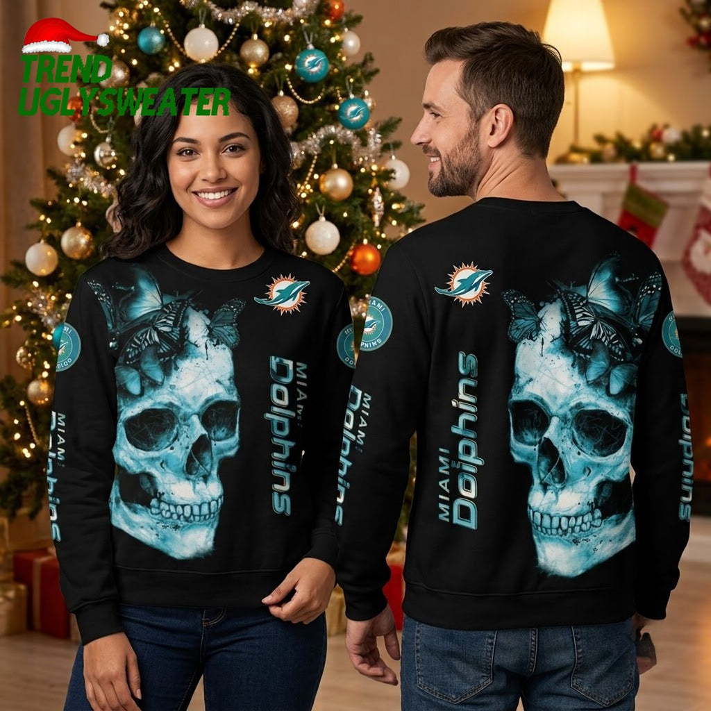 Miami Dolphins Skull All Over Print Ugly Christmas Sweater