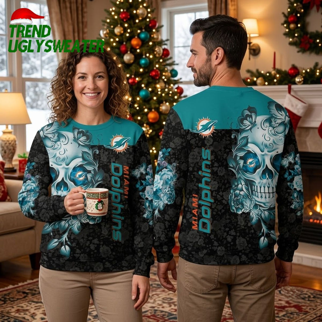 Miami Dolphins Skull And Floral Ugly Christmas Sweater