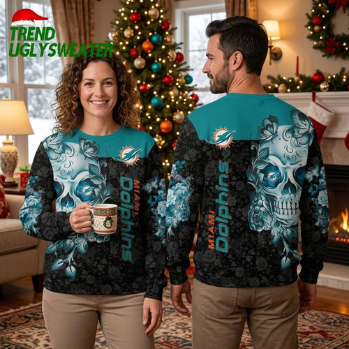 Miami Dolphins Skull And Floral Ugly Christmas Sweater