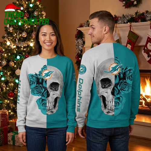 Miami Dolphins Skull With Blue Roses Ugly Christmas Sweater