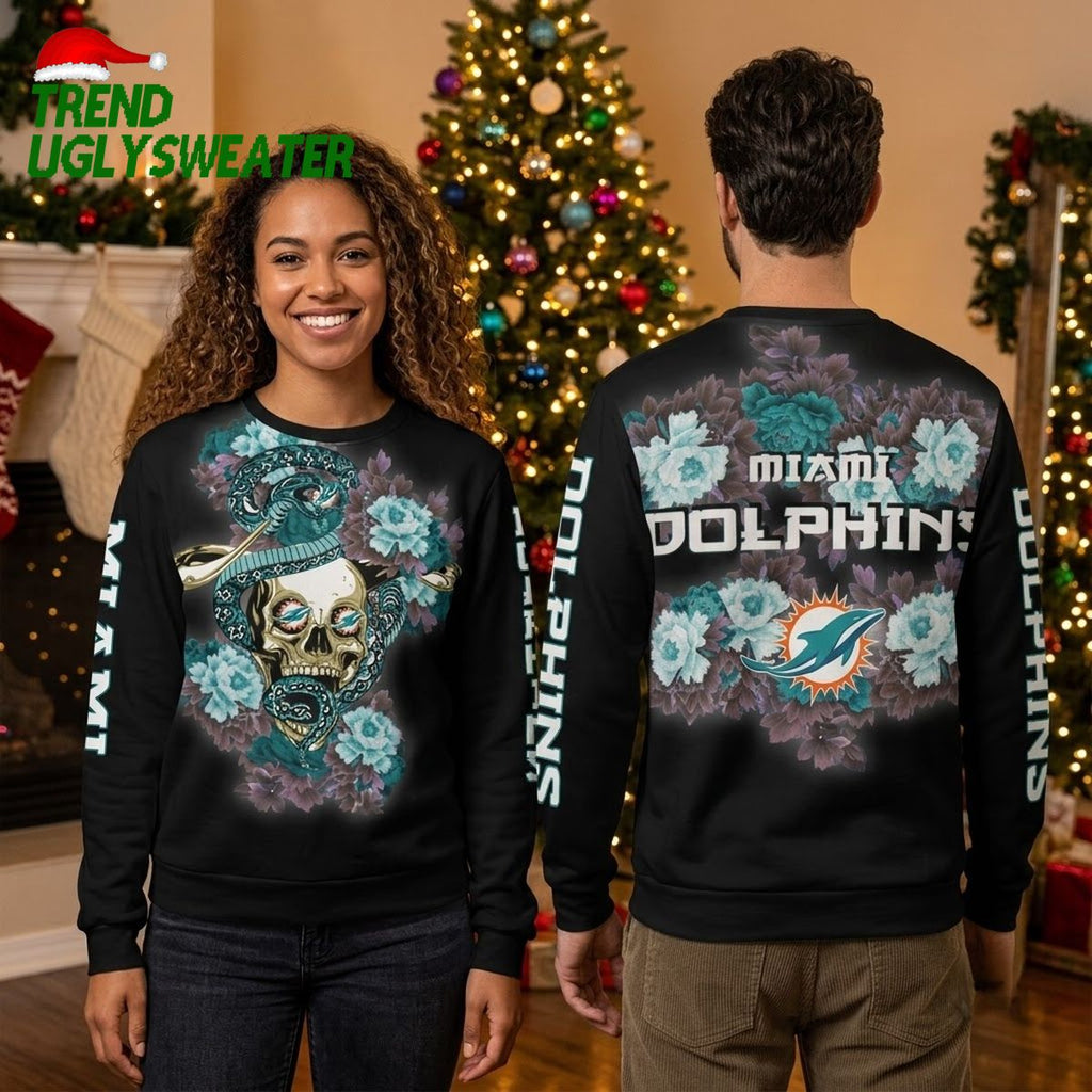 Miami Dolphins Snake Skull Floral Ugly Christmas Sweater