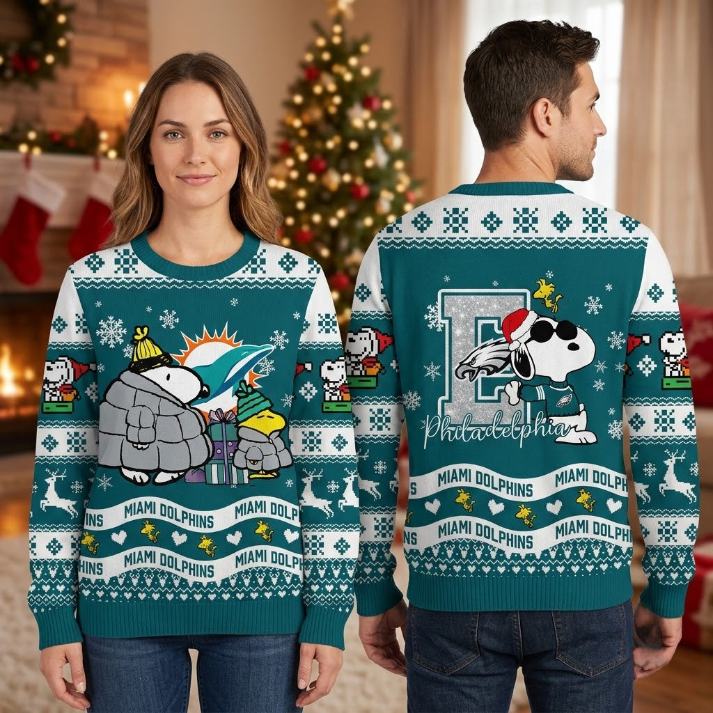 Miami Dolphins Snoopy And Woodstock Winter Coat Ugly Christmas Sweater