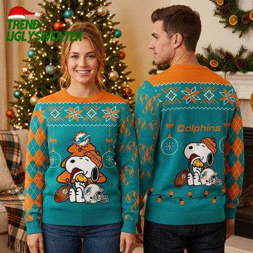 Miami Dolphins Snoopy Christmas Sweater With Candy Canes