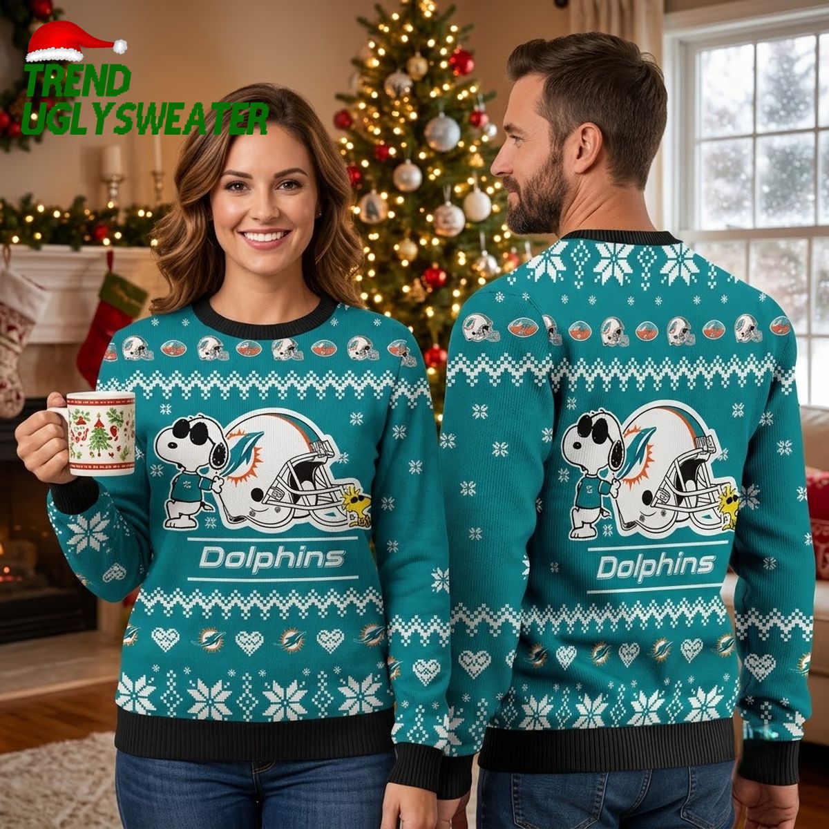 Miami Dolphins Snoopy Football Helmet Ugly Christmas Sweater