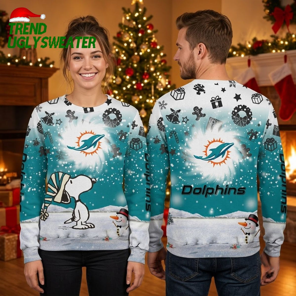 Miami Dolphins Snoopy Snowman Ugly Christmas Sweater
