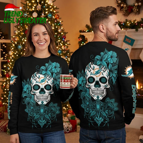 Miami Dolphins Sugar Skull Floral Ugly Christmas Sweater