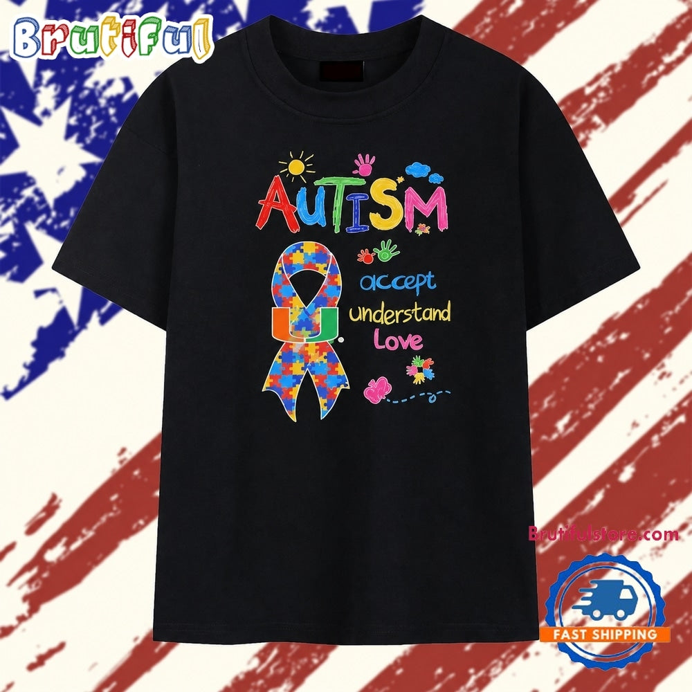 Miami Hurricanes Autism Awareness Accept Understand Love ribbon T Shirt