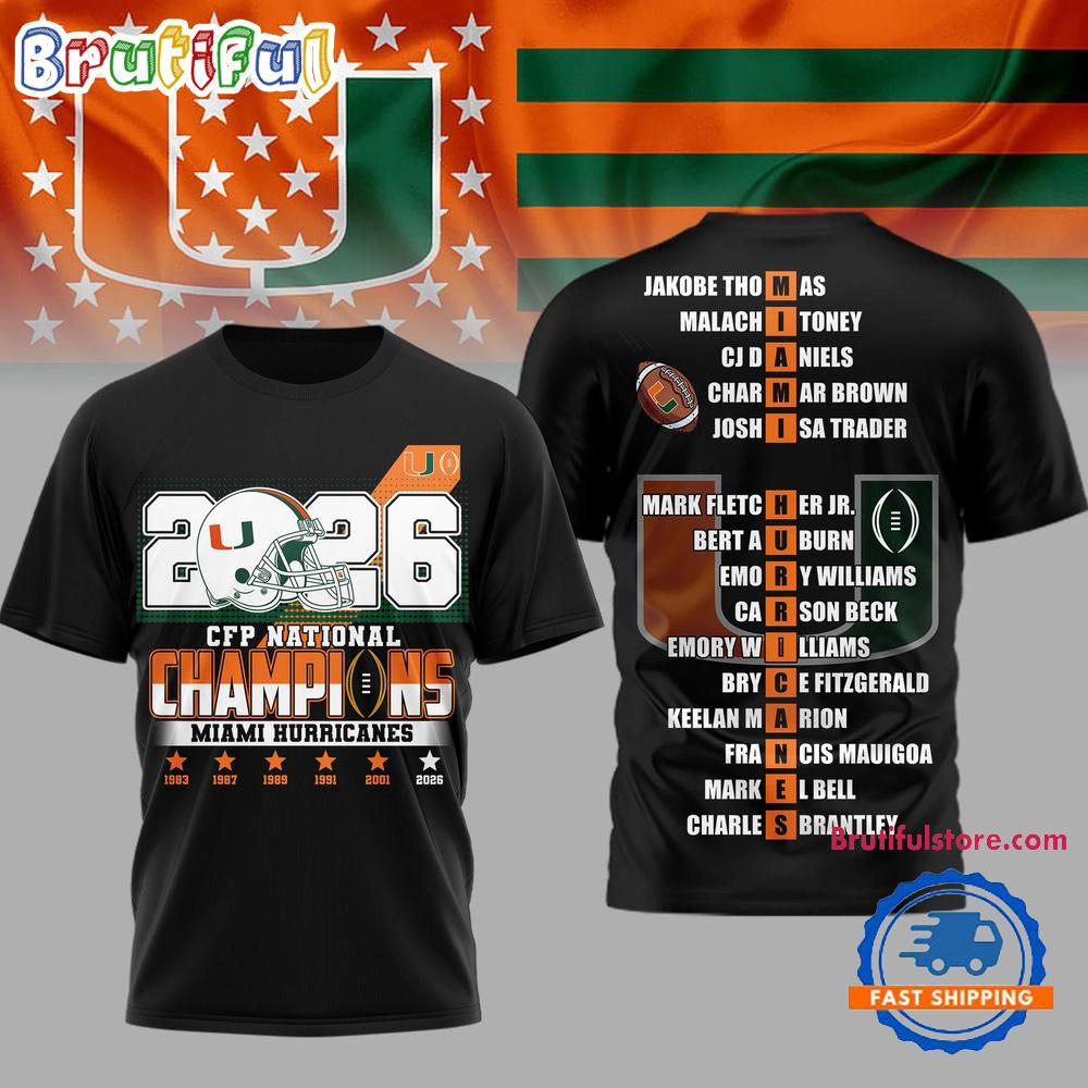 Miami Hurricanes NCAA 2026 CFP Champions Black 3D Shirt