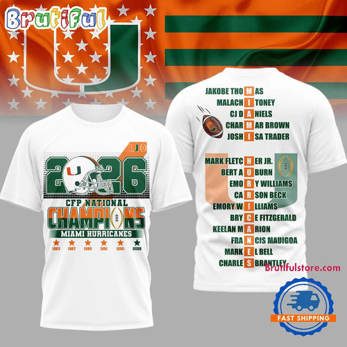 Miami Hurricanes NCAA 2026 CFP Champions White 3D Shirt