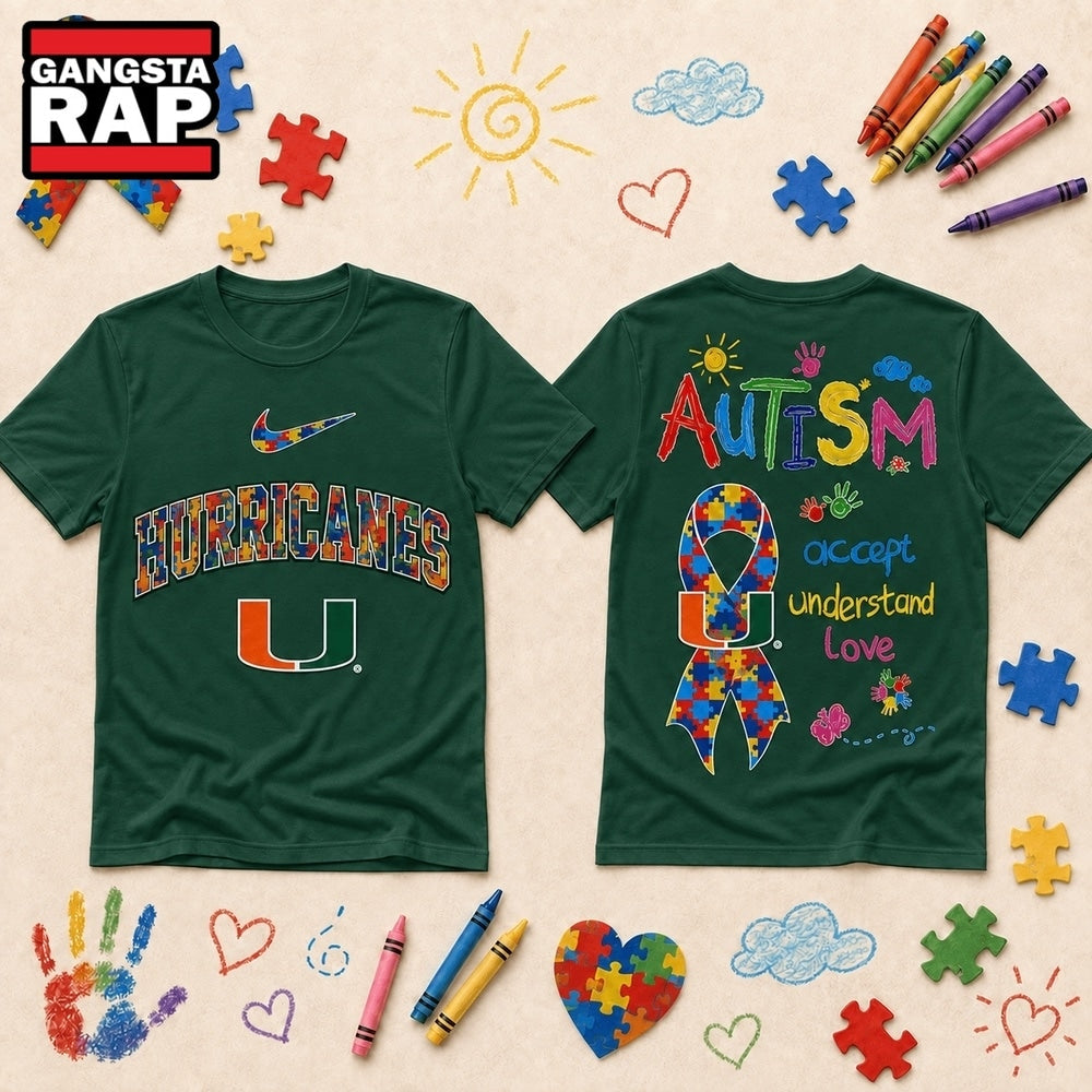 Miami Hurricanes NCAA Autism Awareness Puzzle Ribbon Hoodie T-Shirt