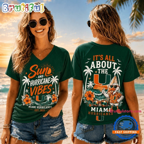Miami Hurricanes NCAA Sunset and Beach Vibes V neck T Shirt