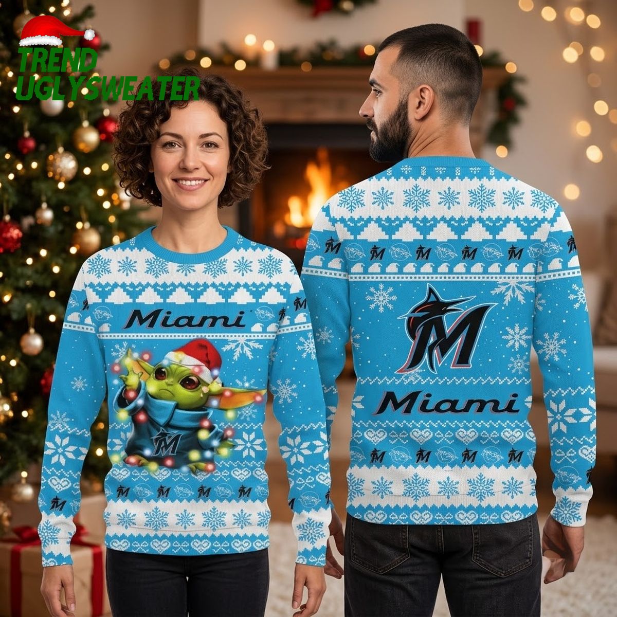 Miami Marlins Baby Yoda Christmas Lights Ugly Christmas Sweater
