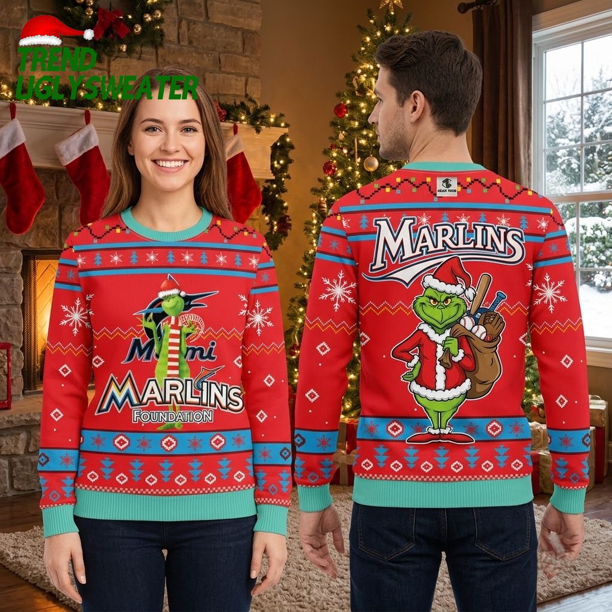 Miami Marlins Grinch Santa Hat Foundation Ugly Christmas Sweater