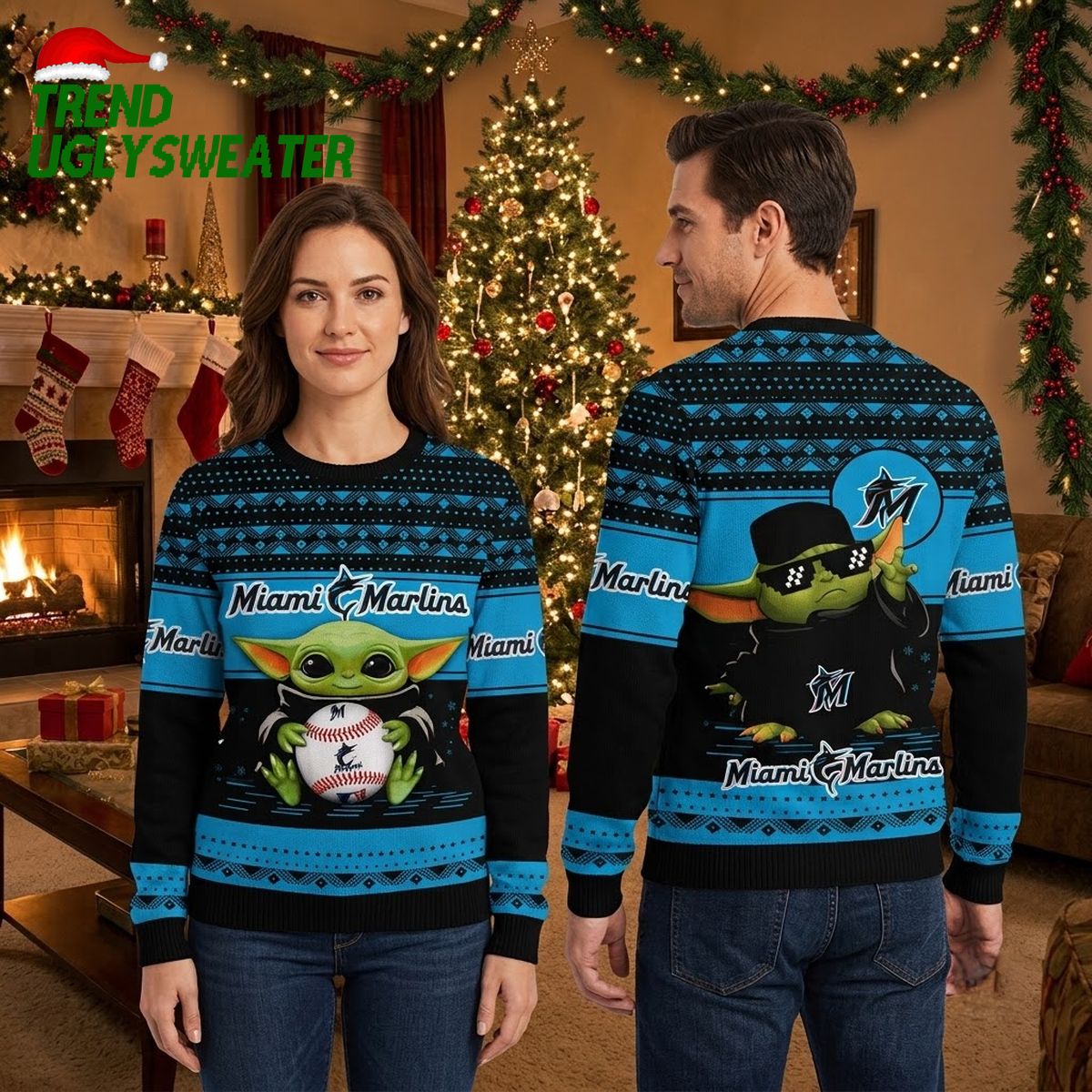 Miami Marlins Grogu Holding Baseball Ugly Christmas Sweater