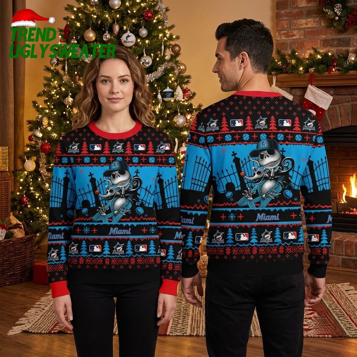 Miami Marlins Jack Skellington Baseball Player Ugly Christmas Sweater