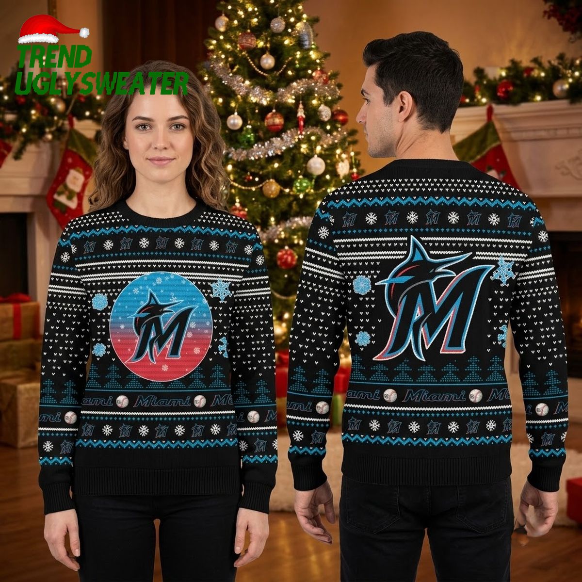 Miami Marlins Logo Pattern Ugly Christmas Sweater