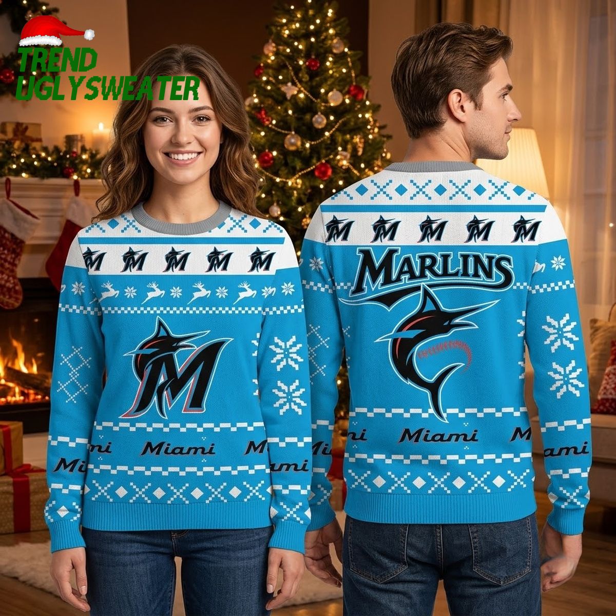 Miami Marlins Logo Snowflake And Reindeer Pattern Ugly Christmas Sweater