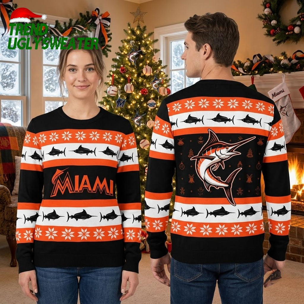 Miami Marlins Marlin Pattern Black And Orange Ugly Christmas Sweater