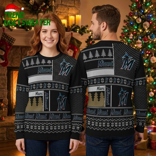 Miami Marlins Patchwork Logo And Snowflake Ugly Christmas Sweater
