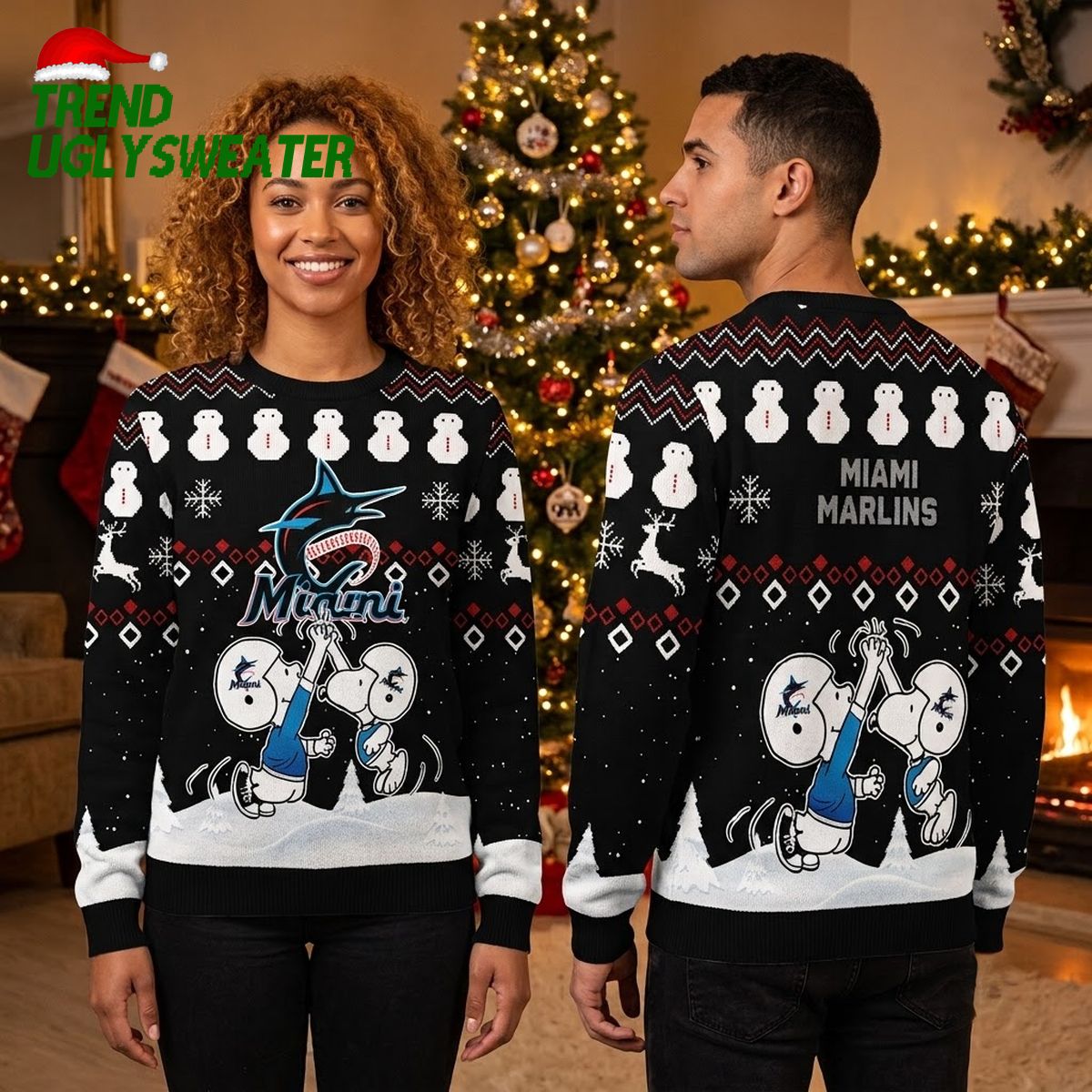 Miami Marlins Snoopy And Woodstock Playing Baseball Ugly Christmas Sweater