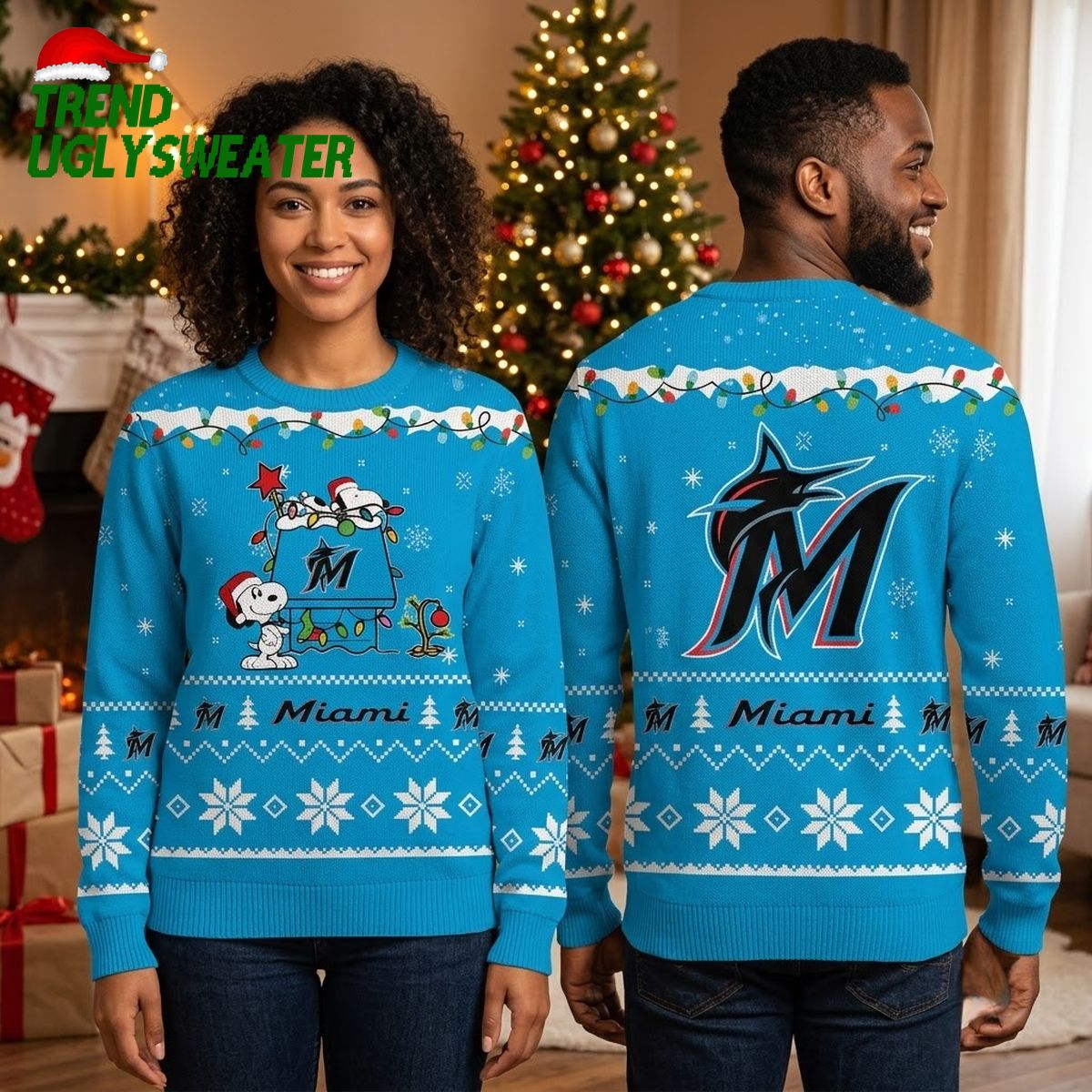 Miami Marlins Snoopy Christmas Lights Ugly Christmas Sweater