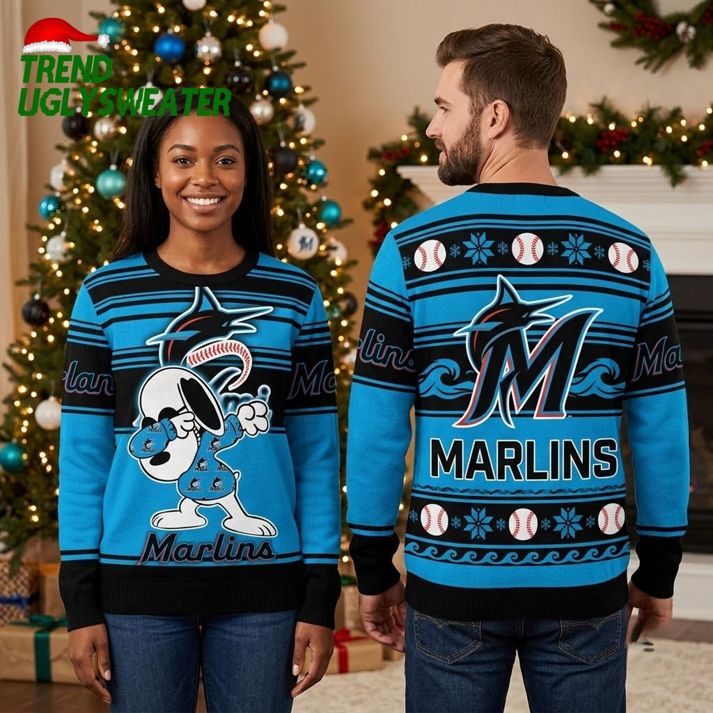 Miami Marlins Snoopy Dabbing Baseball Ugly Christmas Sweater