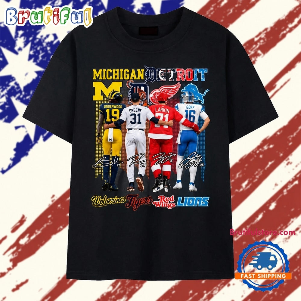 Michigan Detroit Sports Teams Wolverines Tigers Red Wings Lions Graphic T Shirt