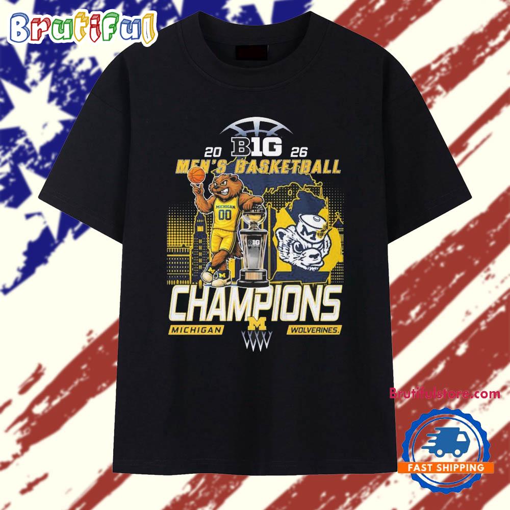 Michigan Wolverines 2026 Big Ten Men’s Basketball Season Champions Mascot Trophy T Shirt