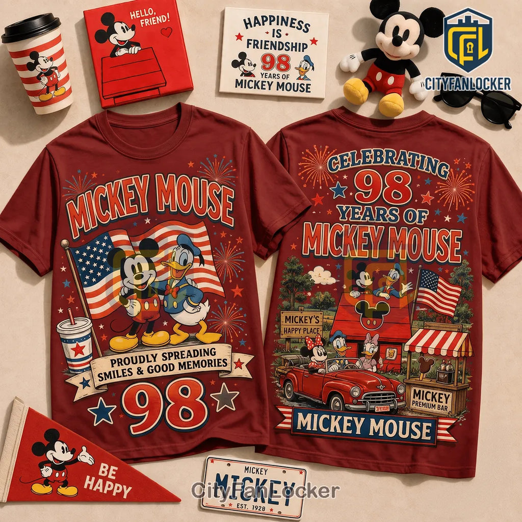 Mickey Mouse 98th Anniversary Patriotic Maroon T-Shirt