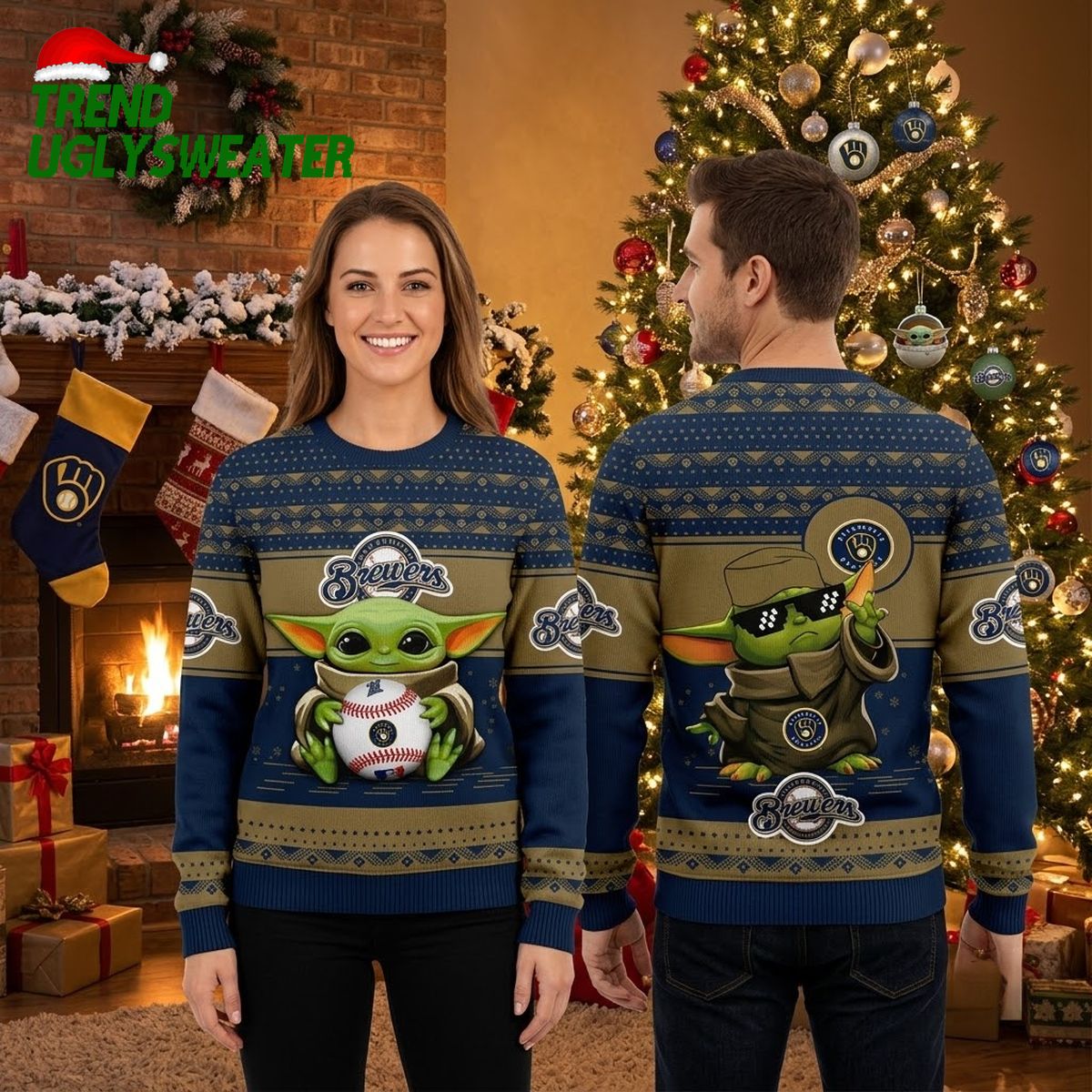 Milwaukee Brewers Baby Yoda Holding Baseball Ugly Christmas Sweater