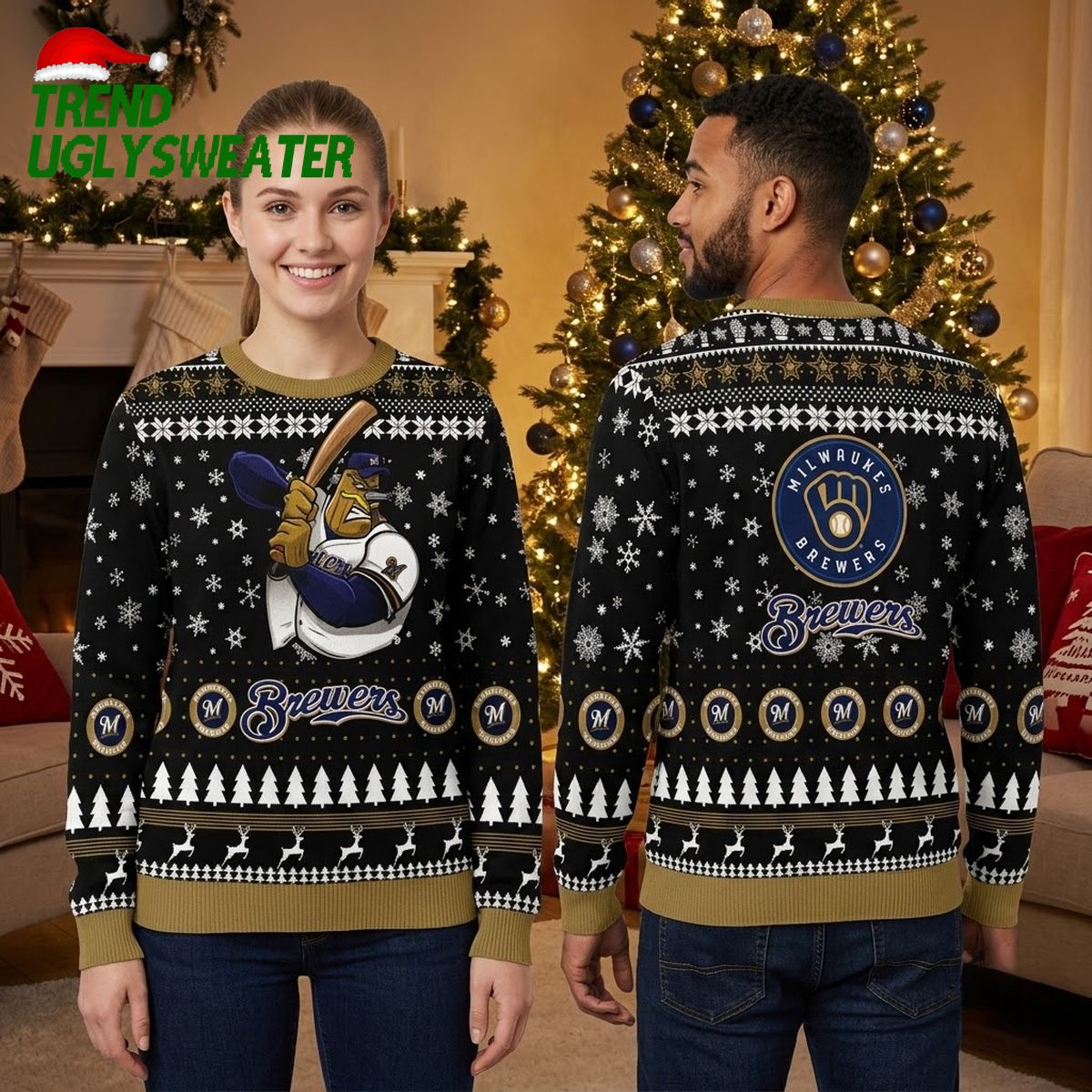 Milwaukee Brewers Batting Bernie Brewer Mascot Ugly Christmas Sweater