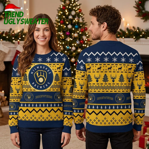 Milwaukee Brewers Deer And Christmas Tree Pattern Ugly Christmas Sweater