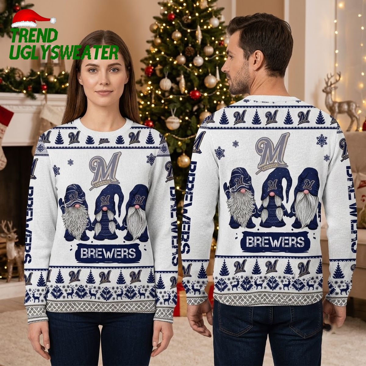 Milwaukee Brewers Gnome Trio Ugly Christmas Sweater