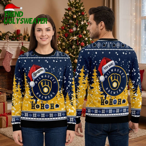Milwaukee Brewers Santa Hat Logo Christmas Trees Navy Blue Ugly Christmas Sweater