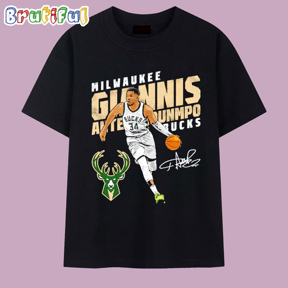 Milwaukee Bucks Giannis Antetokounmpo Cartoon Signature T Shirt