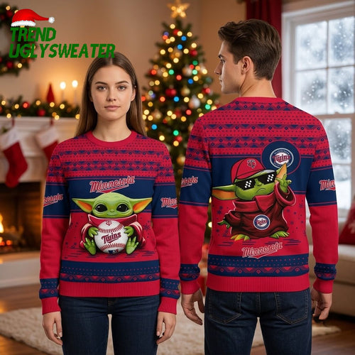 Minnesota Twins Baby Yoda Holding Baseball Ugly Christmas Sweater